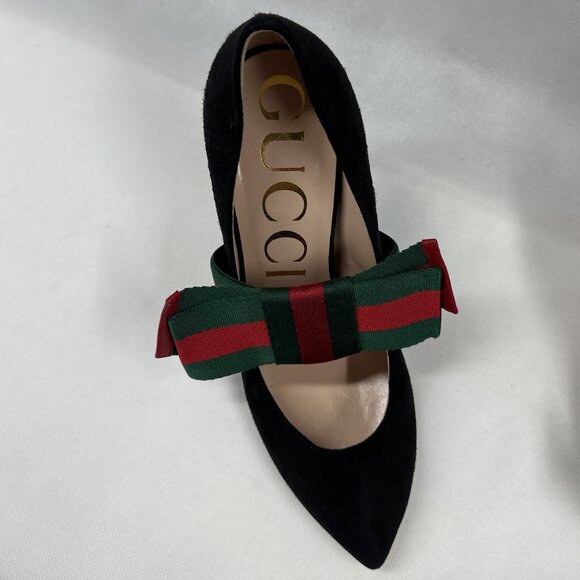 NIB Authentic Gucci Sylvie Black Suede Pumps with Green & Red Stripe Web Bow - Picture 5 of 15